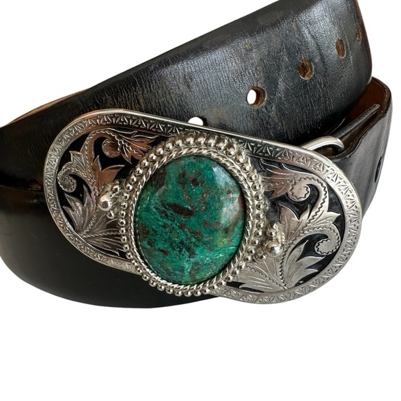 Men's Navajo Turquoise Silver Buckle Aniline Steerhide Black Leather Belt, 42 - Picture 6 of 12